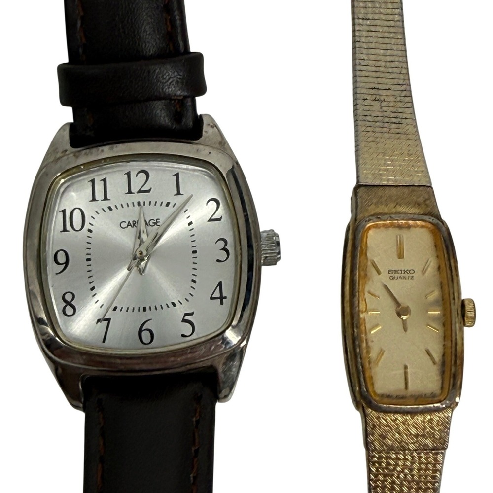 Vintage Seiko & Carriage by Timex Watch Lot 2 Repair Linen Dial Gold Tone Retro
